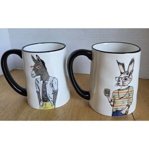 Signature Housewares Whimsical Set of 2 Stoneware Mugs Hipster Bunny and Donkey